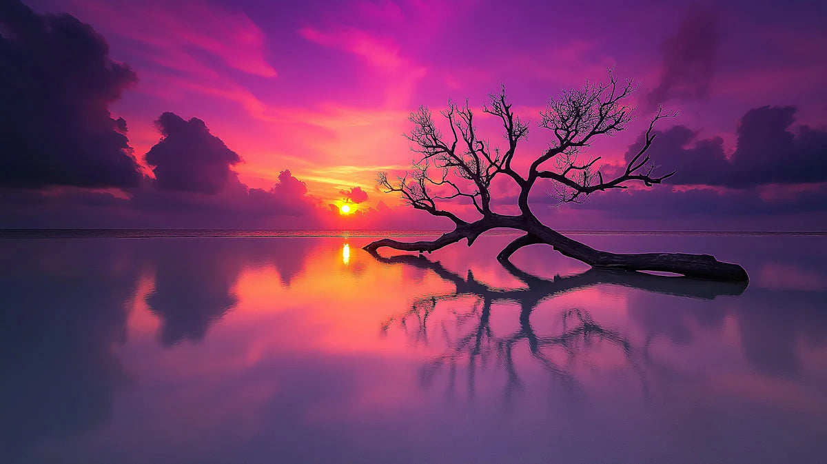 Lone Driftwood Sunset Mural Wallpaper — Vibrant Coastal Art Mural Wallpaper - room preview 02