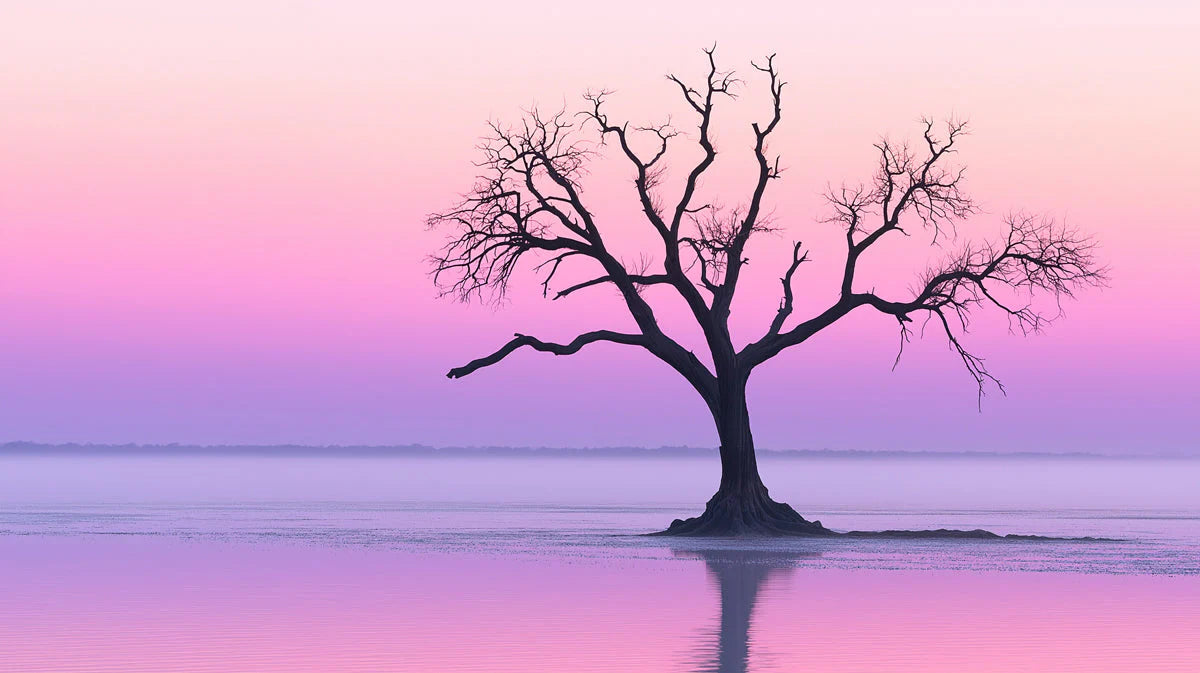 Lone Silhouette Tree Mural Wallpaper — Ethereal Misty Horizon Mural Wallpaper - room preview 02