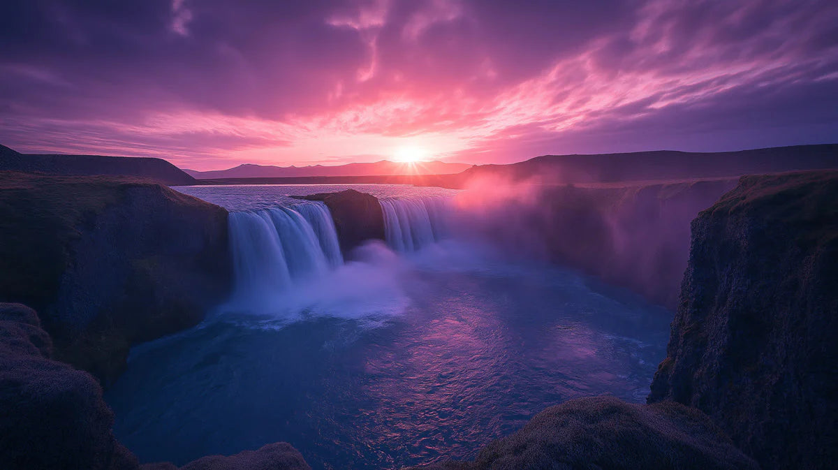 Sunset Waterfall Landscape Mural Wallpaper — Ethereal Twilight View Mural Wallpaper - room preview 02