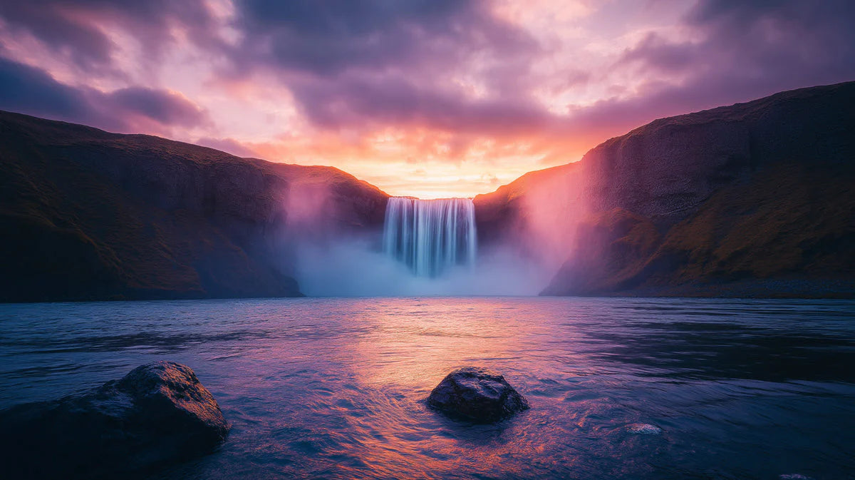Twilight Waterfall Landscape Mural Wallpaper — Painterly Grandeur Mural Wallpaper - room preview 02