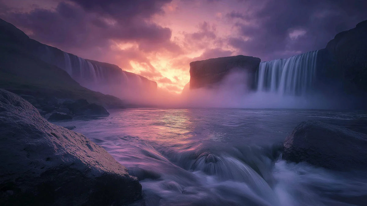 Purple Sunset Waterfall Mural Wallpaper —Dramatic Nature Scene Mural Wallpaper - room preview 02