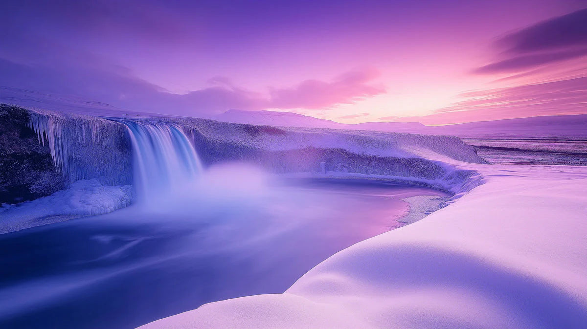 Frozen Waterfall Mountain Mural Wallpaper —Ethereal Violet Landscape Mural Wallpaper - room preview 02