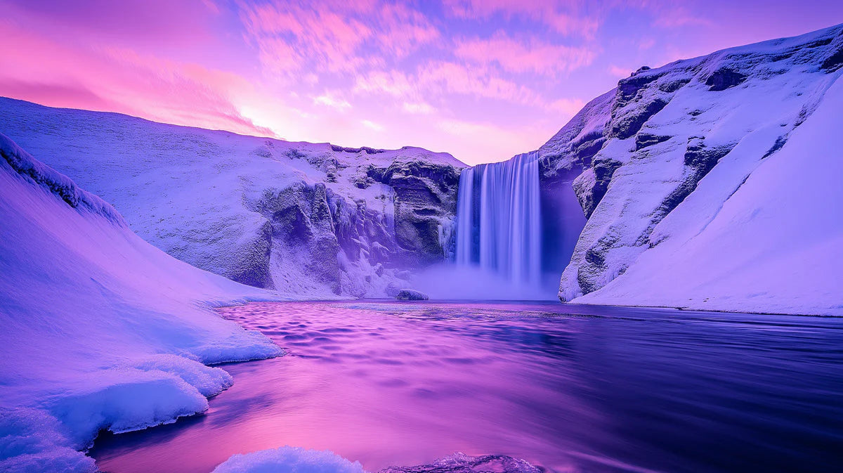 Frozen Waterfall Winter Landscape Mural Wallpaper —Nordic Violet Mural Wallpaper - room preview 02