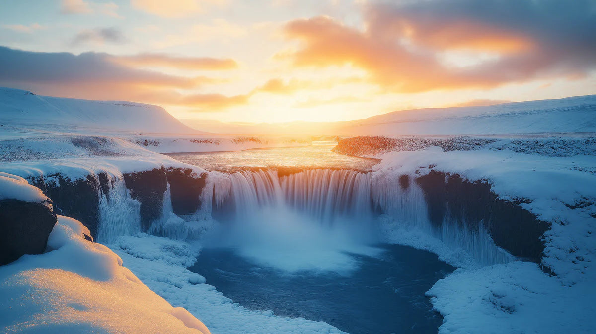 Frozen Golden Sunset Waterfall Mural Wallpaper —Winter Landscape Mural Wallpaper - room preview 02