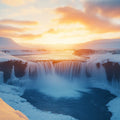 Frozen Golden Sunset Waterfall Mural Wallpaper —Winter Landscape Mural Wallpaper - room preview 02