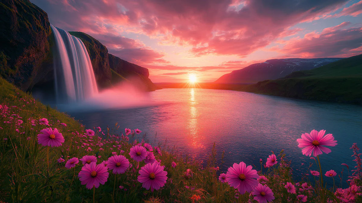 Sunset Waterfall Floral Mural Wallpaper — Vivid Nature Landscape Mural Wallpaper - room preview 02