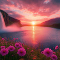 Sunset Waterfall Floral Mural Wallpaper — Vivid Nature Landscape Mural Wallpaper - room preview 02