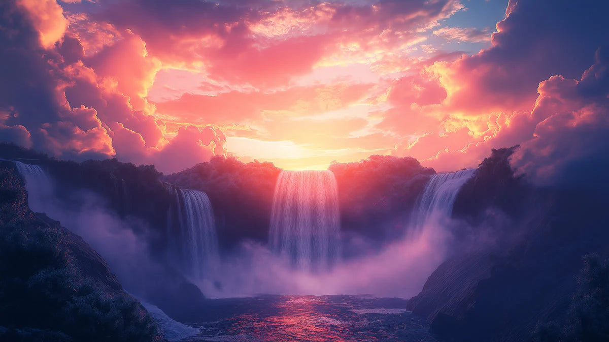 Sunset Waterfall Mural Wallpaper — Ethereal Landscape Mural Mural Wallpaper - room preview 02