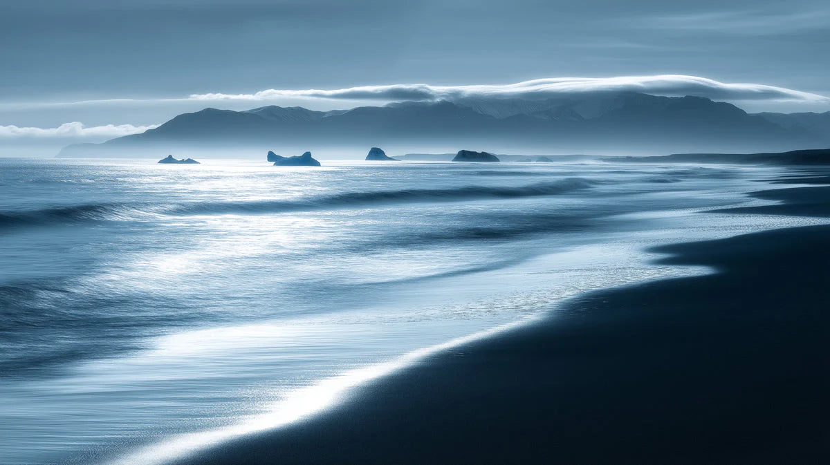 Misty Coastal Horizon Mural Wallpaper — Monochromatic Blue Scene Mural Wallpaper - room preview 02