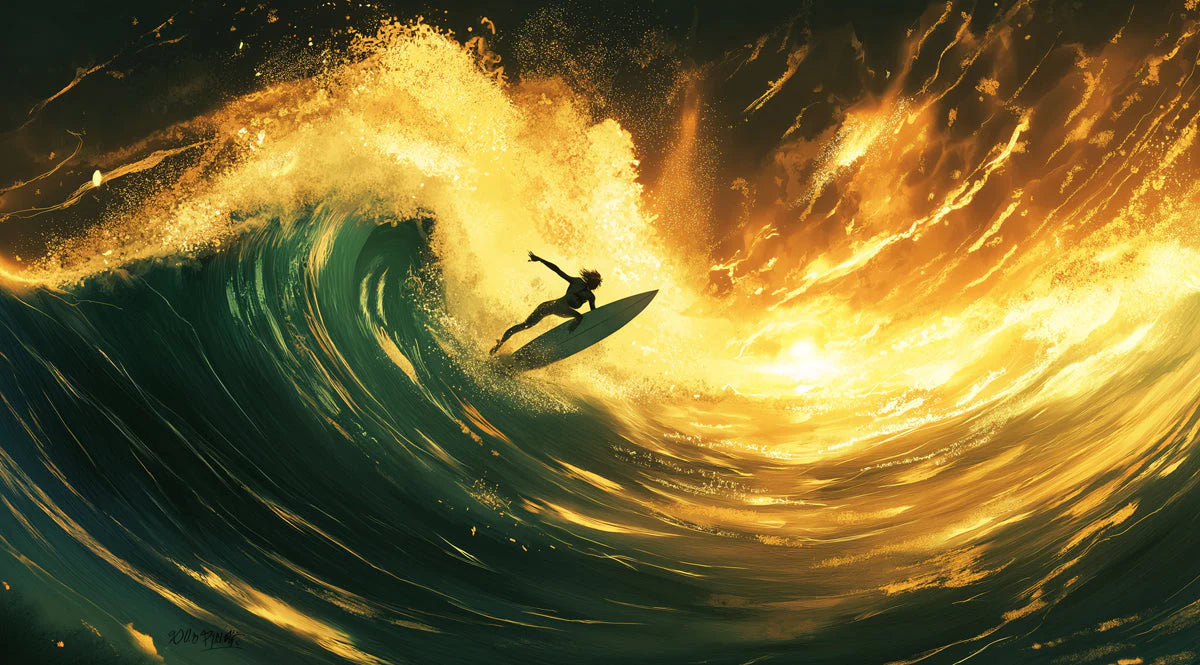 Golden Surfer Wave Mural Wallpaper — Dynamic Artistic Design Mural Wallpaper - room preview 02