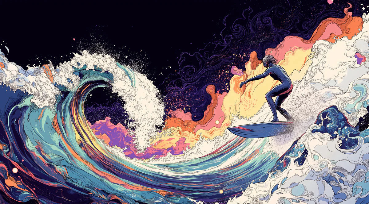 Cosmic Surfer Mural Wallpaper — Surreal Wave Art Mural Wallpaper - room preview 02