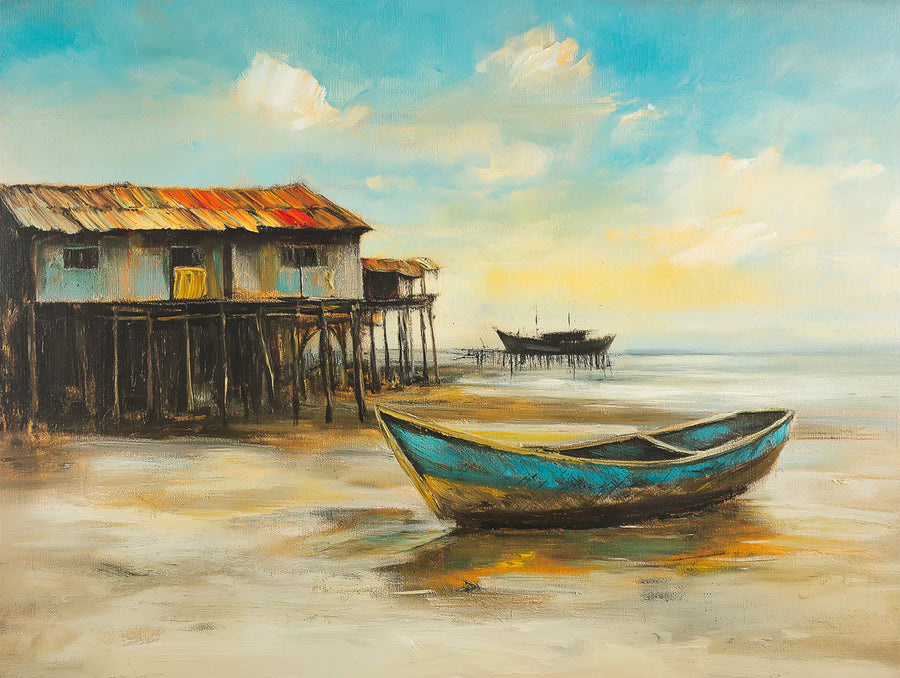Coastal Wallpaper Mural – Seaside Wall Mural – Coastal Stilt House Oil Painting — Scenic Shore printable artwork