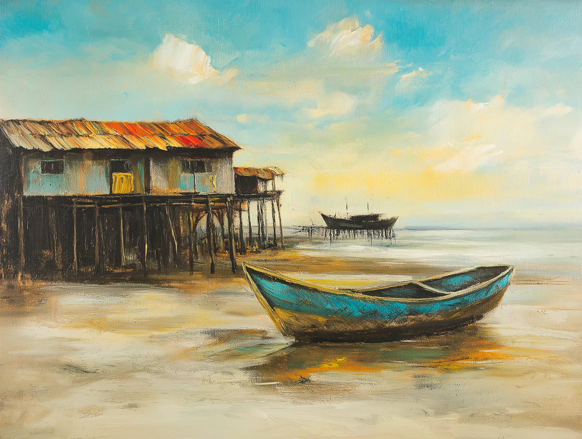 Coastal Stilt House Oil Painting Mural Wallpaper — Scenic Shore Mural Wallpaper - room preview 02