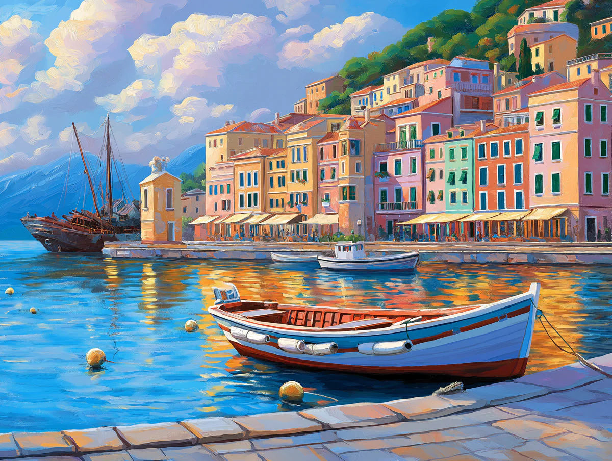 Mediterranean Harbor Town Mural Wallpaper — Impressionistic Scene Mural Wallpaper - room preview 02