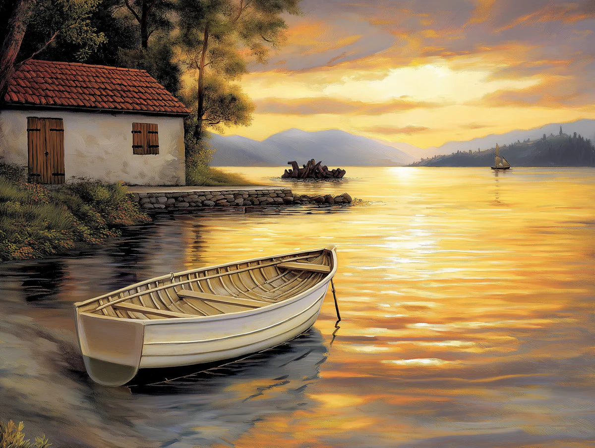 Golden Lakeside Sunset Mural Wallpaper — Impressionistic Scenery Mural Wallpaper - room preview 02