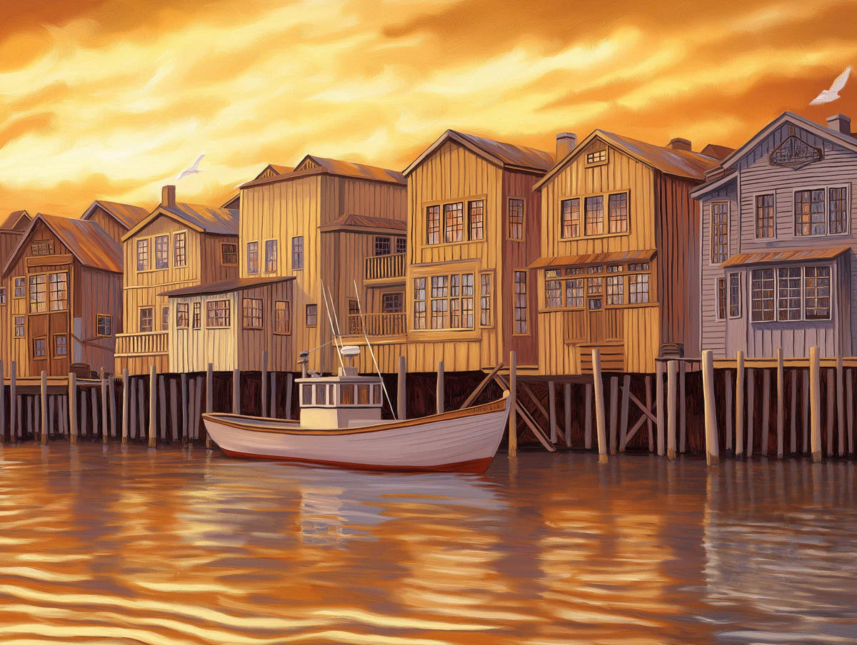 Golden Harbor Sunset Mural Wallpaper — Rustic Coastal Landscape Mural Wallpaper - room preview 02