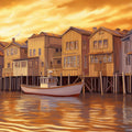Golden Harbor Sunset Mural Wallpaper — Rustic Coastal Landscape Mural Wallpaper - room preview 02