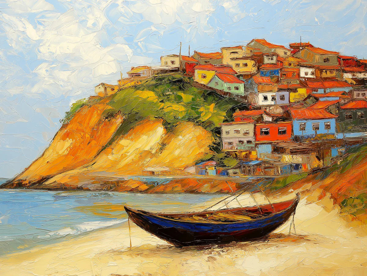 Mediterranean Coastal Village Mural Wallpaper — Oil Painting Style Mural Wallpaper - room preview 02