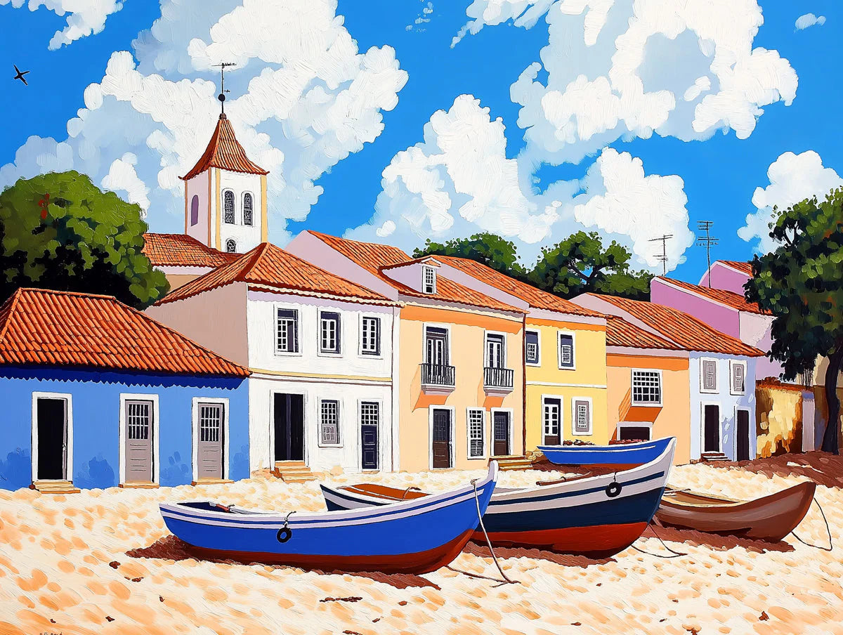 Mediterranean Coastal Village Mural Wallpaper — Oil Painting Style Mural Wallpaper - room preview 02