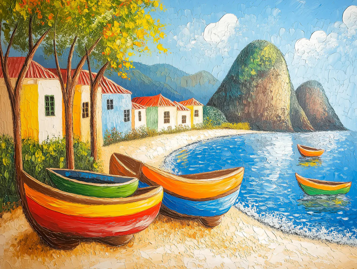 Mediterranean Harbor Oil Painting Mural Wallpaper - room preview 02