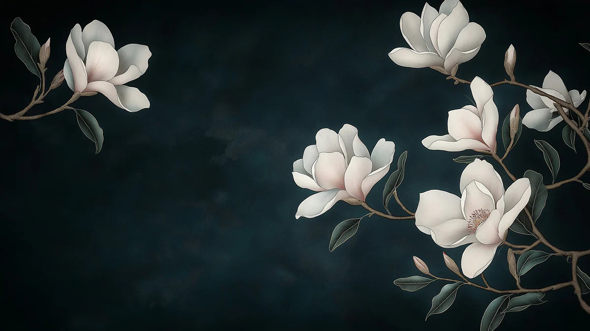 White Magnolia Branch Mural Wallpaper — Minimalist Floral Art Mural Wallpaper - room preview 02