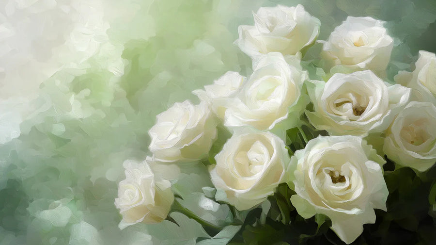 Floral Wallpaper Mural – Flower Wallpaper – White Rose Oil Painting — Elegant Floral Art printable artwork