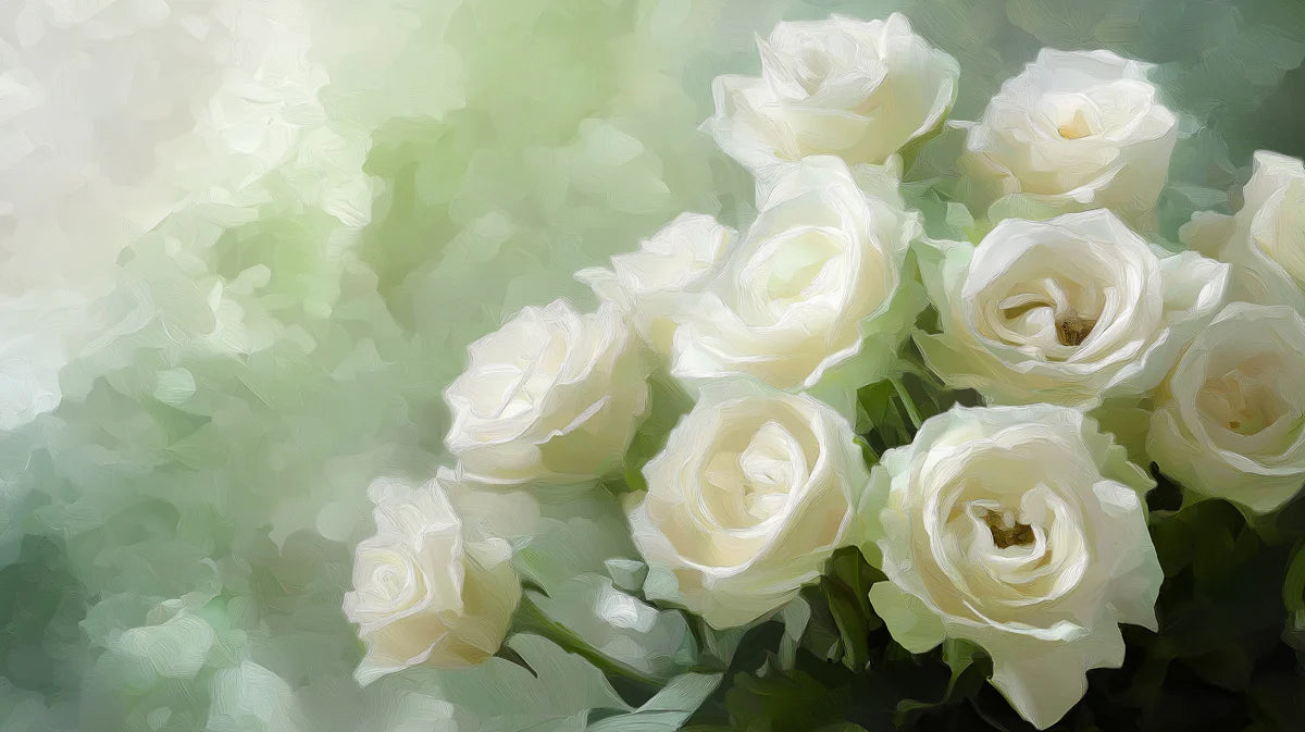 White Rose Oil Painting Mural Wallpaper — Elegant Floral Art Mural Wallpaper - room preview 02