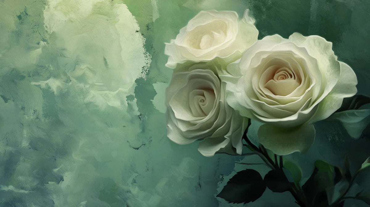White Rose Oil Painting Mural Wallpaper in Moody Sage Green Mural Wallpaper - room preview 02