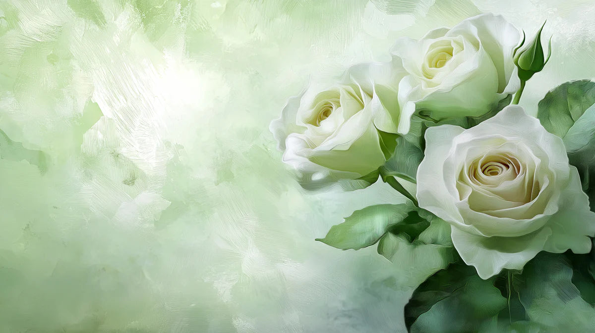 White Rose Botanical Mural Wallpaper — Impressionistic Floral Art Mural Wallpaper - room preview 02