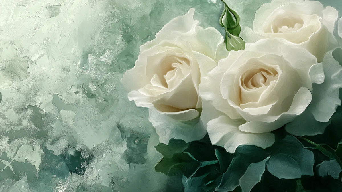 White Rose Oil Painting Mural Wallpaper — Artistic Floral Decor Mural Wallpaper - room preview 02