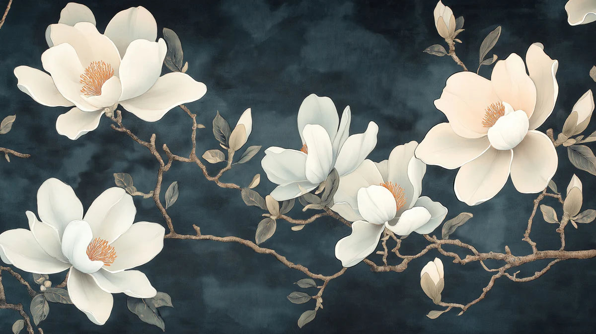 Large Scale Magnolia Mural Wallpaper in Midnight Blue Mural Wallpaper - room preview 02