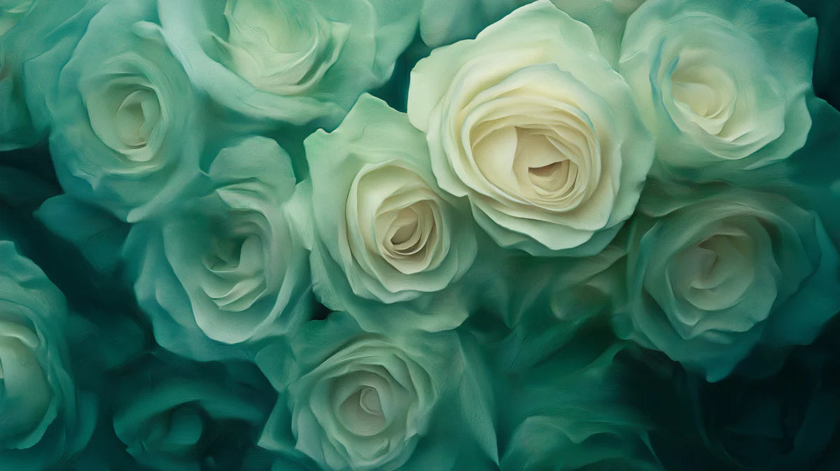 Teal and Cream Rose Mural Wallpaper — Painterly Floral Design Mural Wallpaper - room preview 02