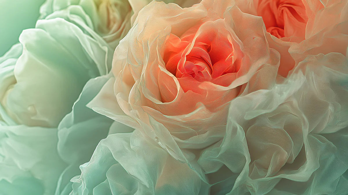 Macro Peach and Mint Rose Garden Mural Wallpaper - room preview 02