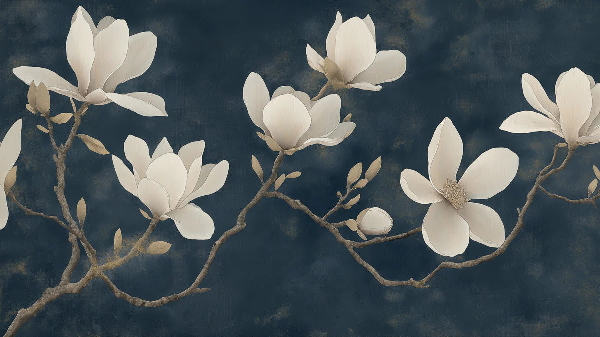 White Magnolia Mural Wallpaper — Moody Navy Botanical Wall Decor Mural Wallpaper - room preview 02