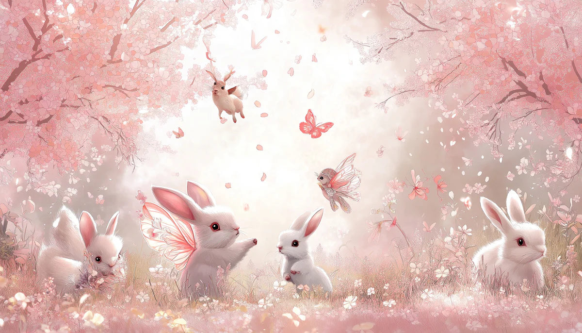 Winged Bunny Meadow Mural Wallpaper — Whimsical Floral Fantasy Mural Wallpaper - room preview 02