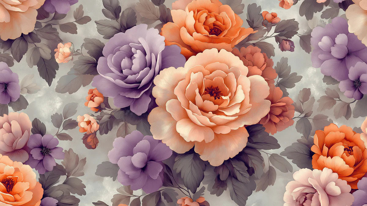 Vintage Peony Floral Mural Wallpaper in Peach and Lavender Mural Wallpaper - room preview 02