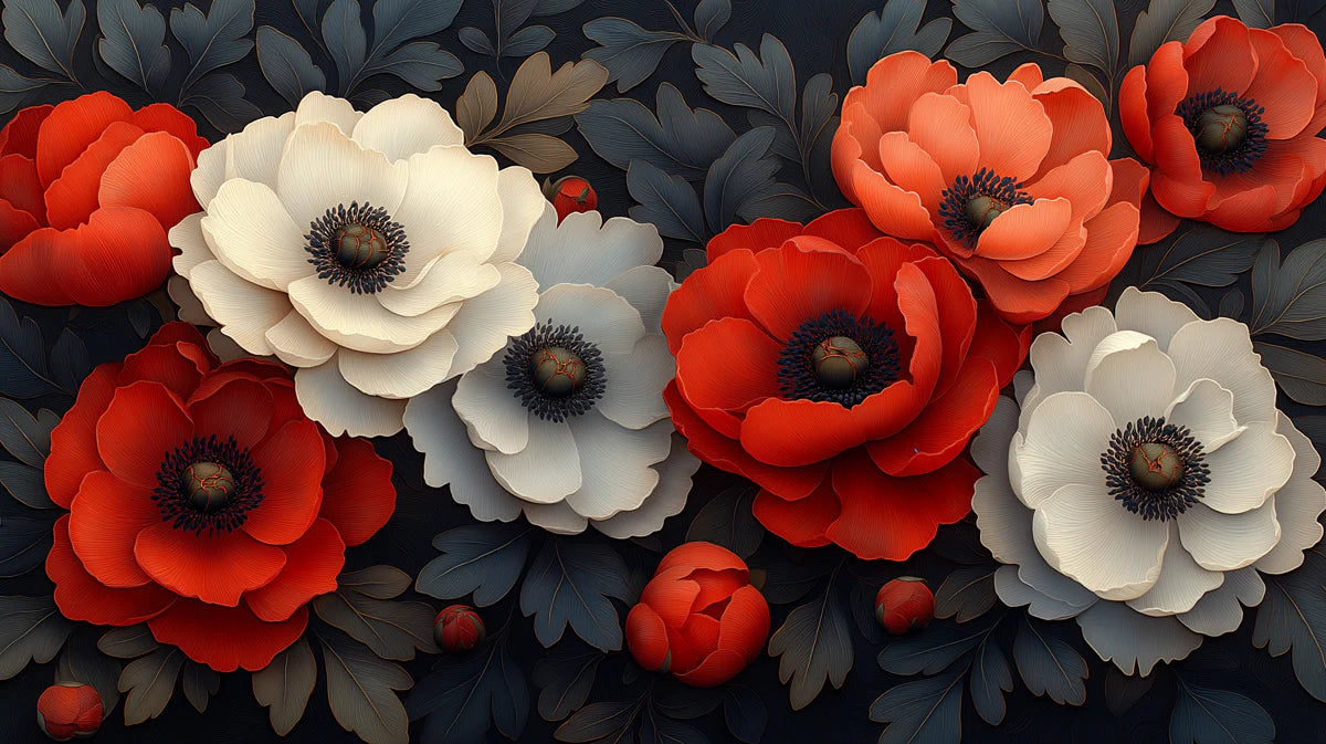 Scarlet and Cream Anemone Mural Wallpaper — Floral Art Print Mural Wallpaper - room preview 02