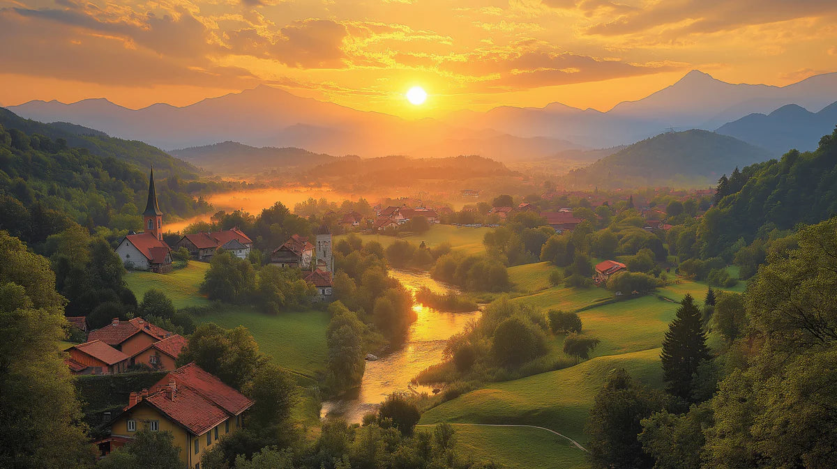 Golden Hour Alpine Village Mural Wallpaper — Scenic Landscape Mural Wallpaper - room preview 02
