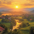 Golden Hour Alpine Village Mural Wallpaper — Scenic Landscape Mural Wallpaper - room preview 02