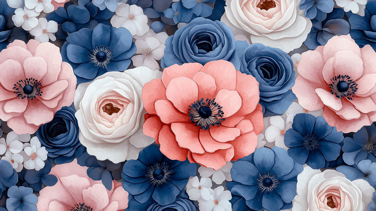 Coral and Navy Floral Mural Wallpaper in Painterly Style Mural Wallpaper - room preview 02