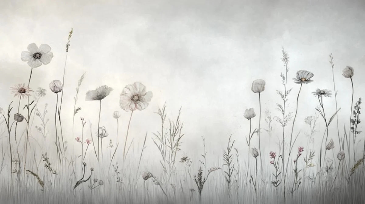 Wildflower Meadow Mural Wallpaper — Soft Neutral Vintage Illustration Mural Wallpaper - room preview 02