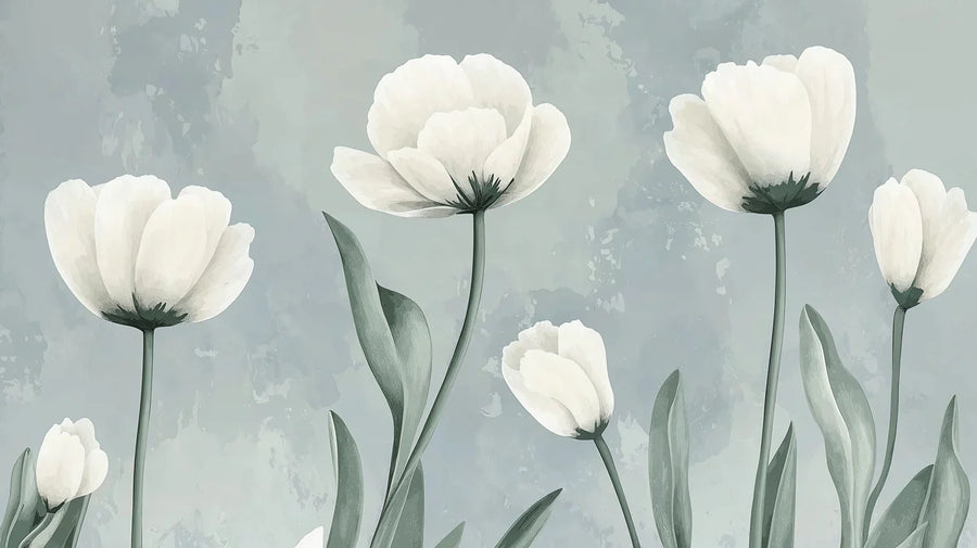 Floral Wallpaper Mural – Flower Wallpaper – White Tulip Garden with Soft Blue Wash printable artwork