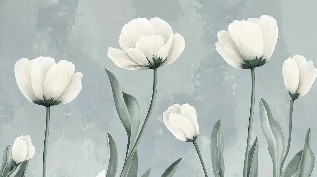 White Tulip Garden Mural Wallpaper with Soft Blue Wash Mural Wallpaper - room preview 02