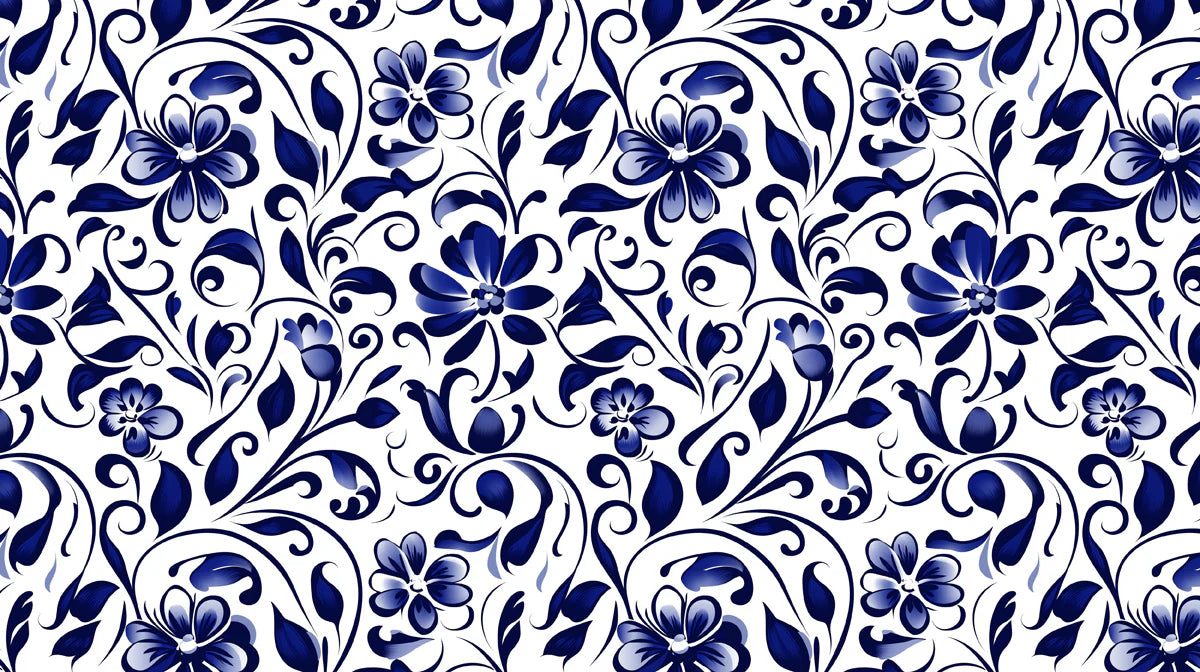 Indigo Bloom Swirl Mural Wallpaper — Porcelain Floral Elegance Mural Wallpaper - room preview 02