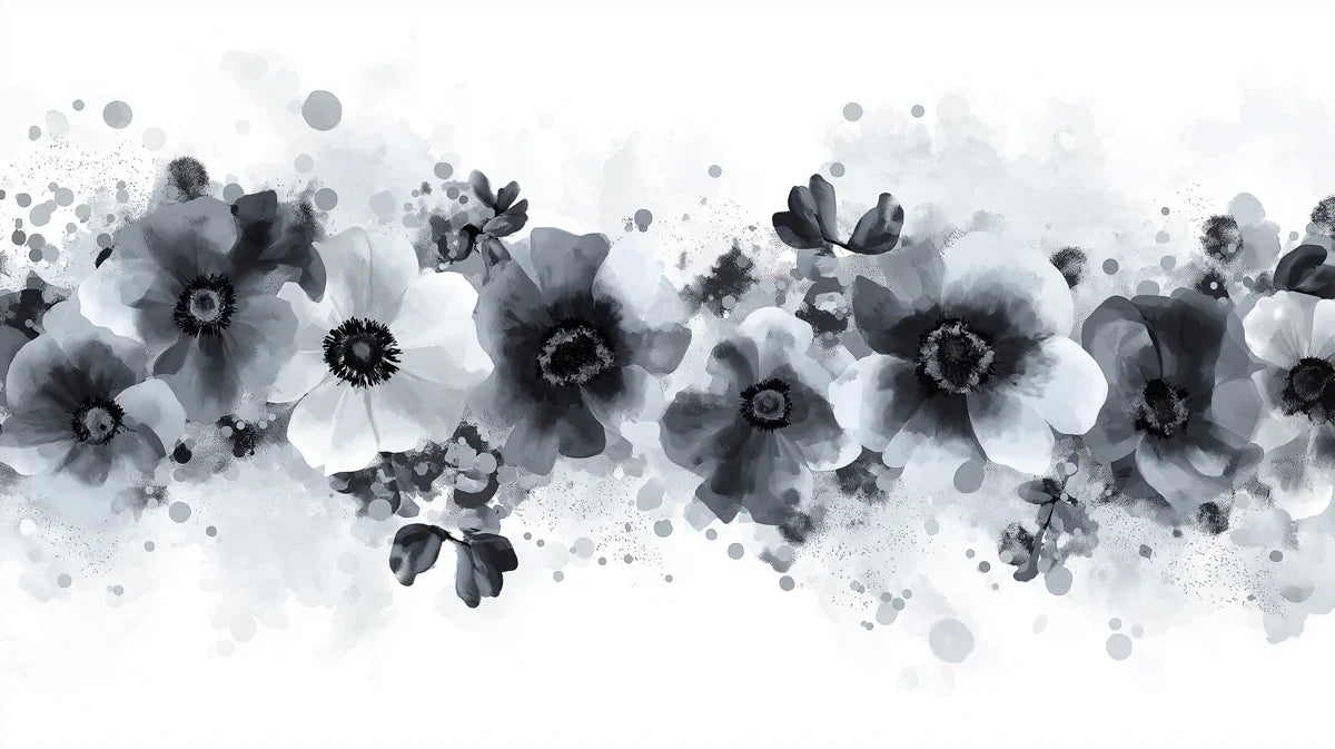 Monochrome Floral Ink Mural Wallpaper — Abstract Artistic Design Mural Wallpaper - room preview 02