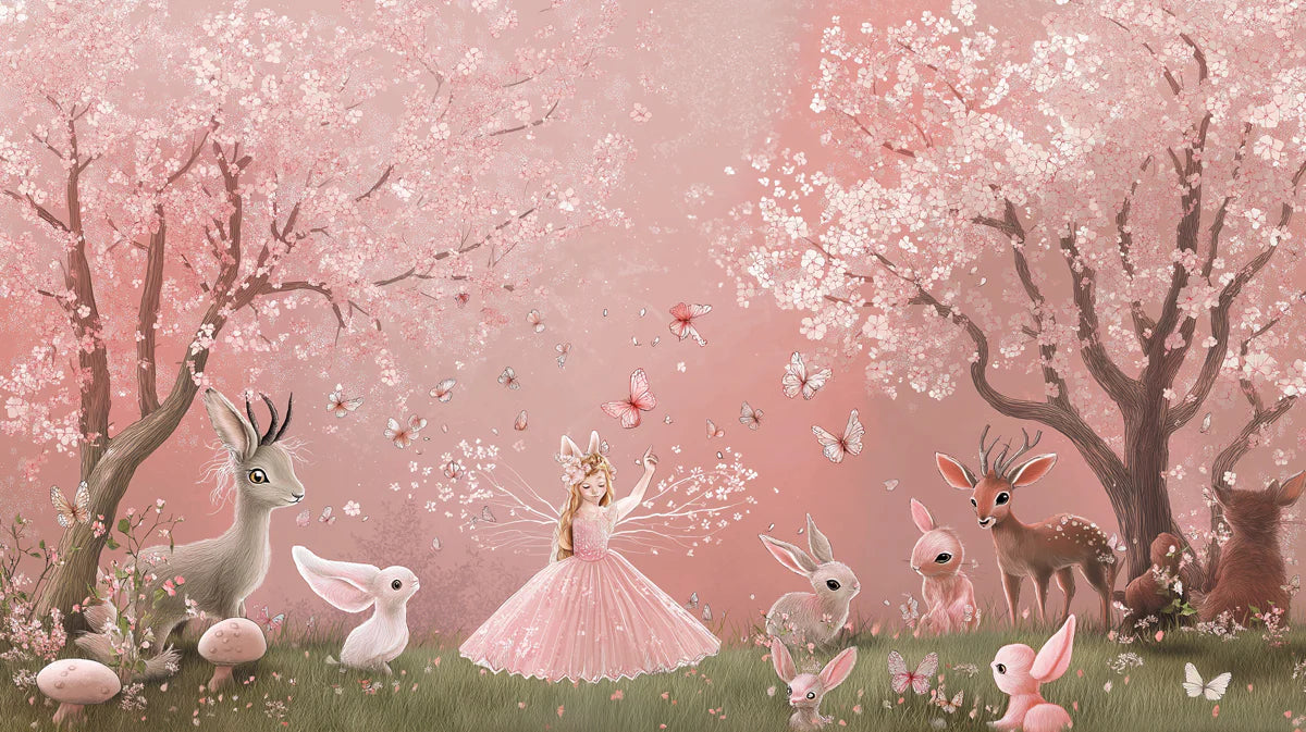 Fairy Tale Cherry Blossom Mural Wallpaper in Soft Pink Mural Wallpaper - room preview 02