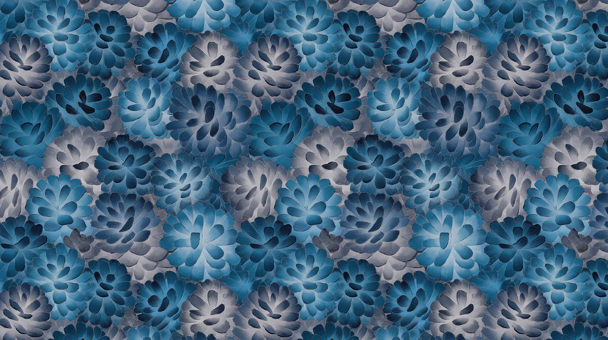 Blue Chrysanthemum Floral Mural Wallpaper — Painterly Petal Motif Mural Wallpaper - room preview 02