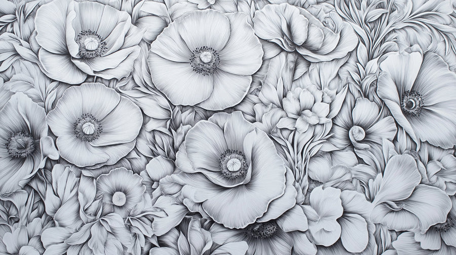 Floral Wallpaper Mural – Flower Wallpaper – Monochrome Peony Field — Intricate Floral Illustration printable artwork