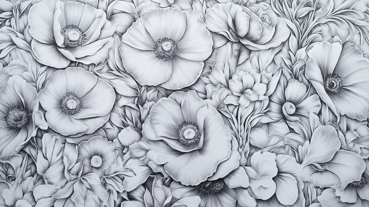 Monochrome Peony Field Mural Wallpaper — Intricate Floral Illustration Mural Wallpaper - room preview 02