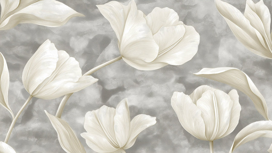 Floral Wallpaper Mural – Flower Wallpaper – Cream Tulip Elegant Neutral Floral Design on Gray Background printable artwork